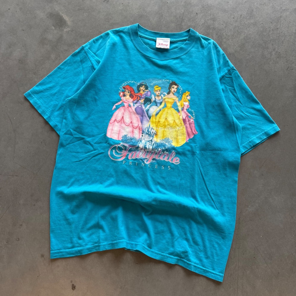 Disney Store Fairytale Princess Graphic T-Shirt Blue Ariel Belle Jasmine S/M